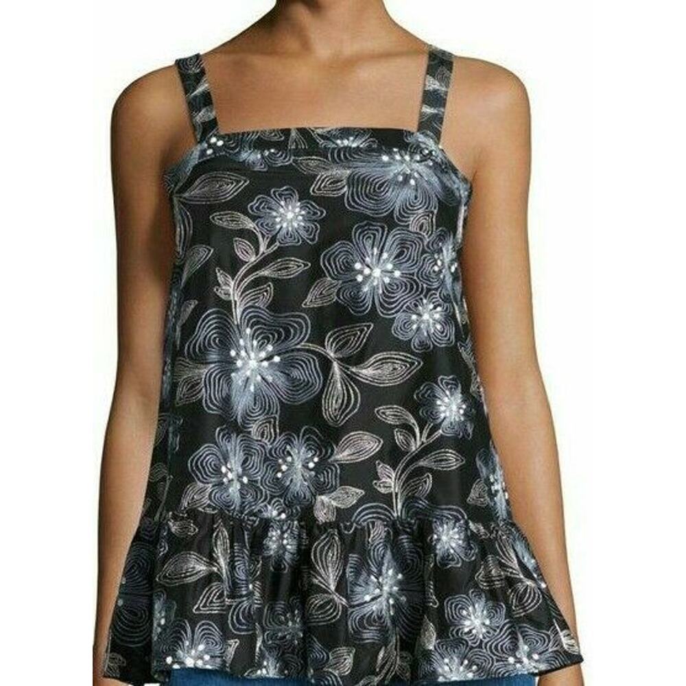 NEW $595 CO Blouse Top 100% Silk‎ Embroidered Top Floral Ruffle Size Medium